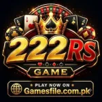 A vibrant casino-themed promotional graphic for "222RS GAME" featuring a large gold crown, roulette wheels, playing cards, and casino chips. A black and gold banner